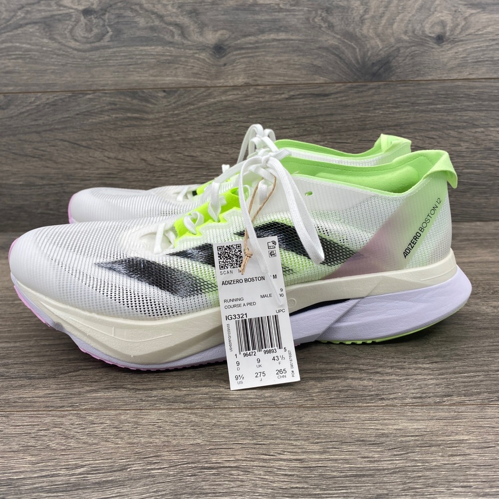 Adidas Adizero Boston 12 Running Shoes Mens 9.5 White IG3321 Lime Green Pink